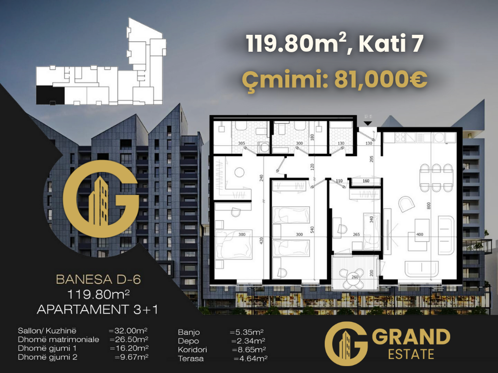 Banesë 119.80m² në shitje, kati 7, Ferizaj