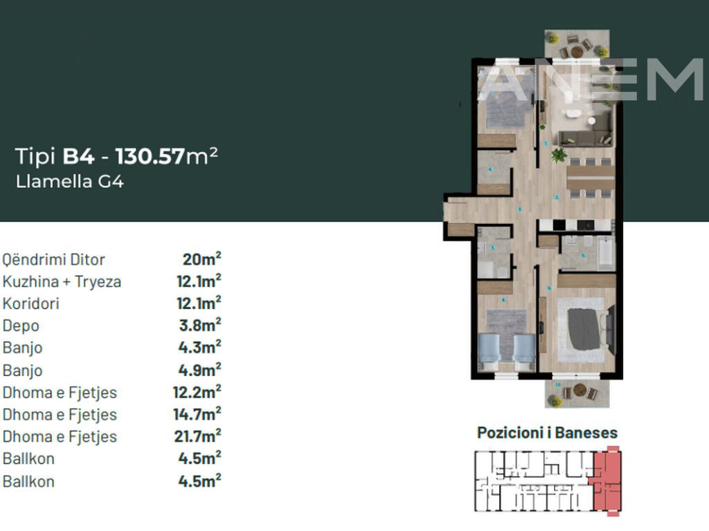 Appartement à vendre 130,57m² dans le quartier Prishtina e Re