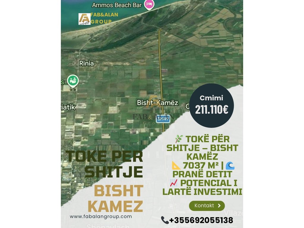 Shitet 7037 m² tokë investimi në bisht-kamëz, afër bregdetit të durrësit çmimi: 211,110€