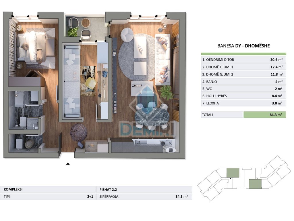 Banesë në shitje – 84.3m² | 2 dhoma gjumi | Fushë Kosovë