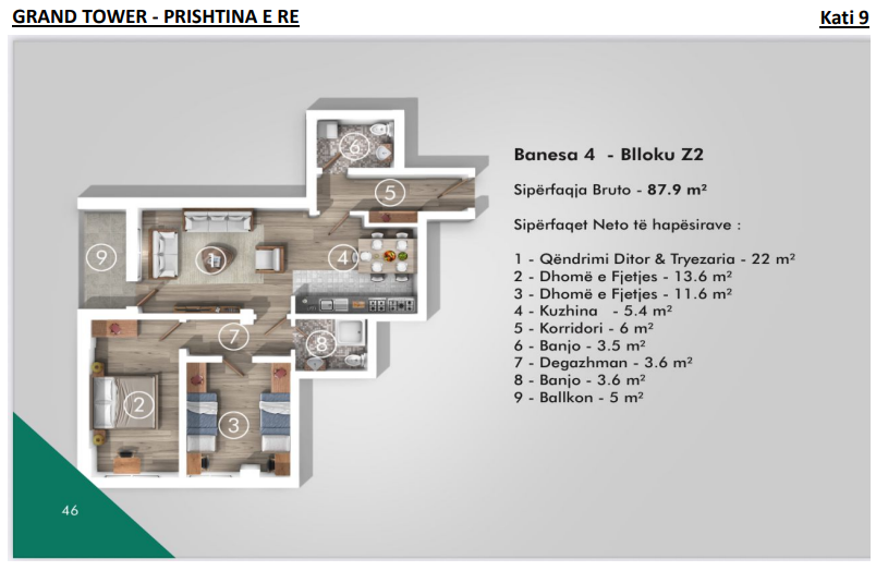 Apartamento à venda – 87,9 m² | bloco z2, 9º andar, grand tower – Prishtina e Re