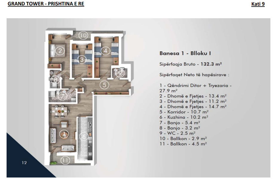 Appartamento in vendita – 132,3 m² | blocco 1, 9 piano, grand tower – Prishtina e Re