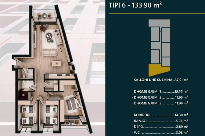 Apartment for sale – 133.90 m² | 2nd floor, hill side – Prizren