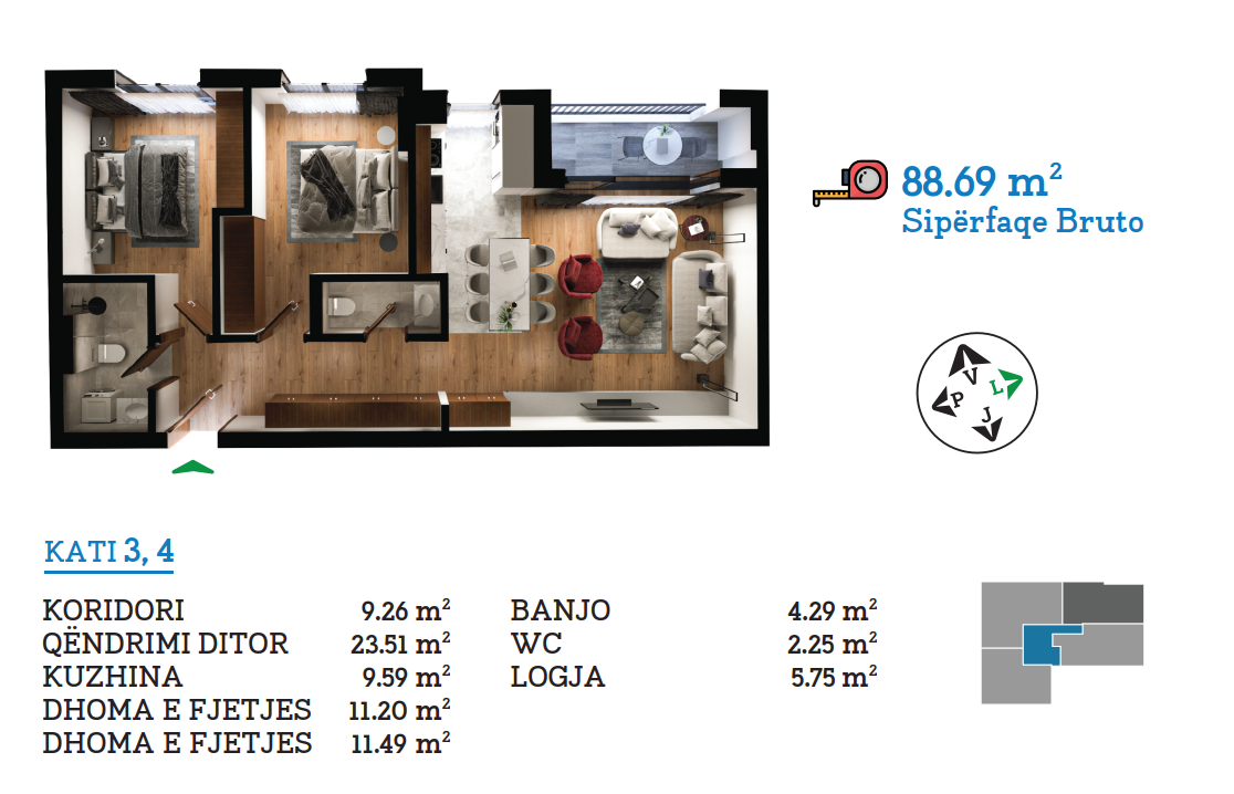 Apartament për shitje – 88.69 m² | prime city, Veternik