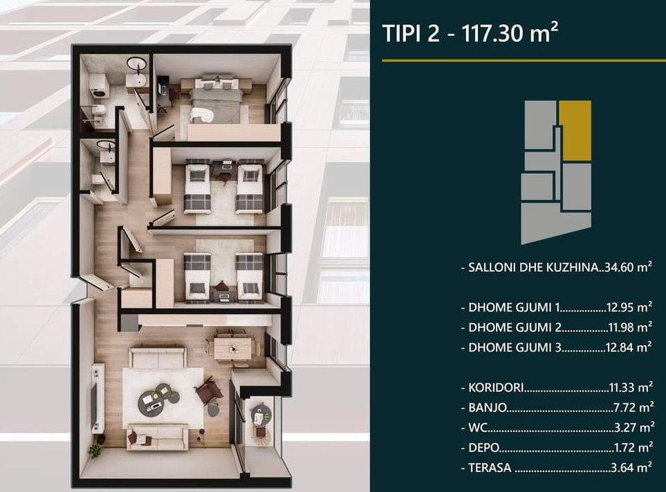 Apartment for sale – 117.30 m² | hill side, Prizren