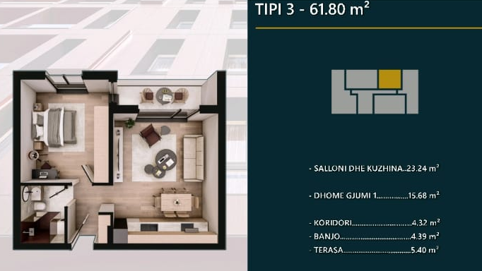 Apartment for sale – 61.80 m² | hill side, Prizren