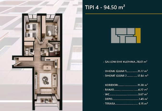 Apartment for sale – 94.50 m² | hill side, Prizren