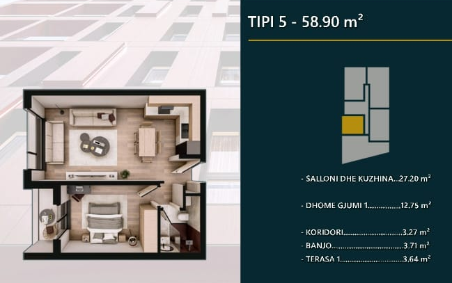 Apartment for sale – 58.90 m² | hill side, Prizren