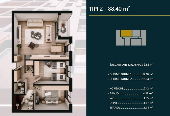 Apartment for sale – 88.40 m² | hill side, Prizren