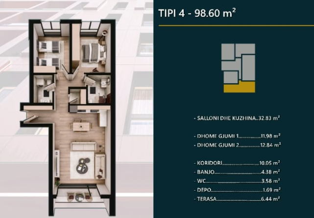 Apartment for sale – 98.60 m² | hill side, Prizren