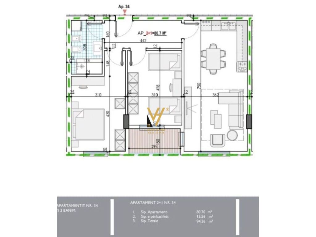 Apartamento 2+1+balcón en venta en kamez 94 metros cuadrados