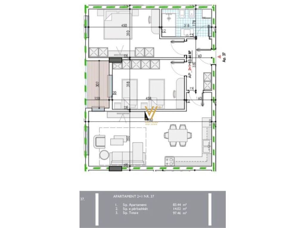 Apartamento 2+1 con balcón en kamez 97 metros cuadrados