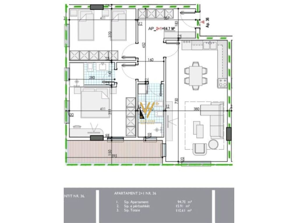 Apartamento 2+1+balcón en kamez 110 metros cuadrados en venta