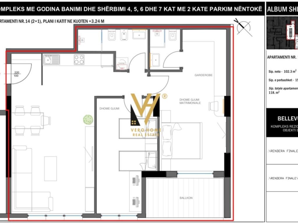 Appartamento in vendita 2+1+2+balcone in via elbasanit 118 mq