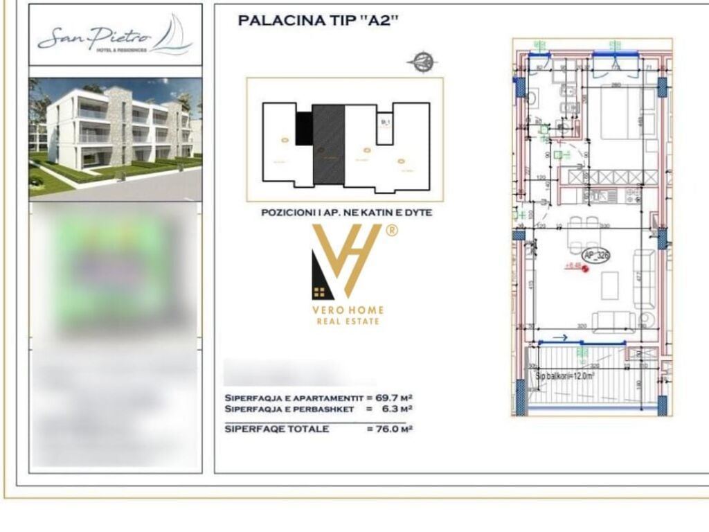 Apartment for sale 1+1 at gjiri i lalzit 76 m²