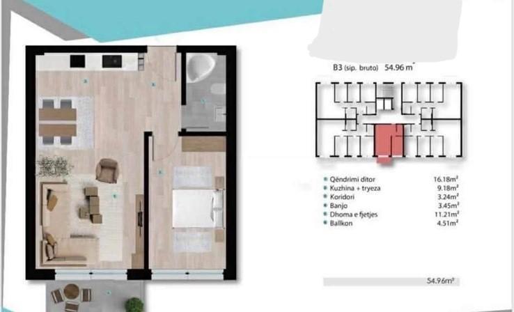 Appartement à vendre 55m² au 4ème étage près de Prishtina e Re
